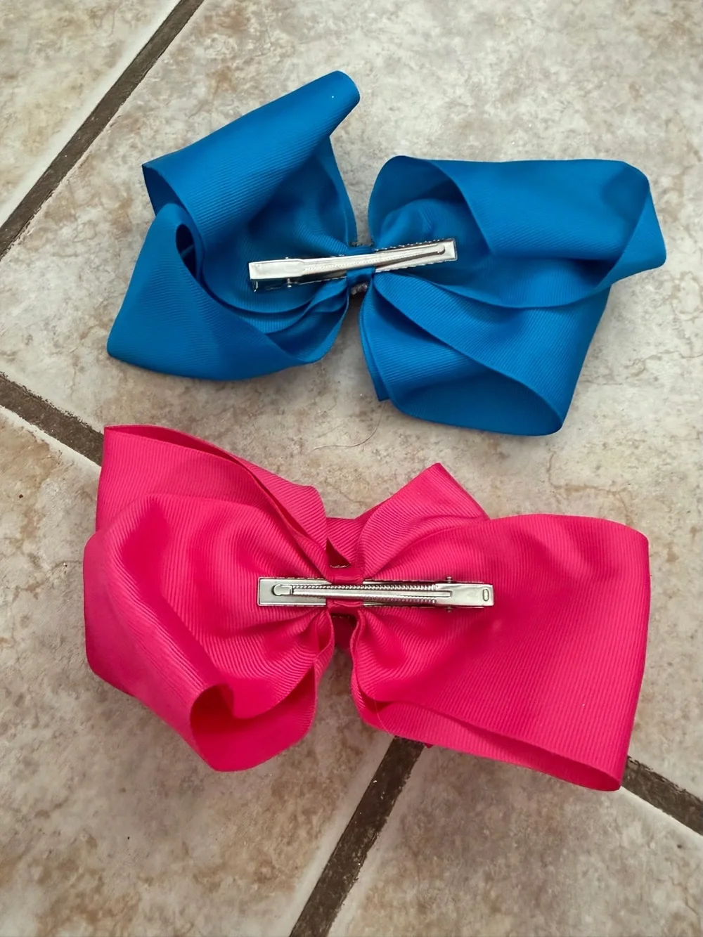 Bright Blue and Hot Pink Rhinestone Center Hair Bows - Set of 2